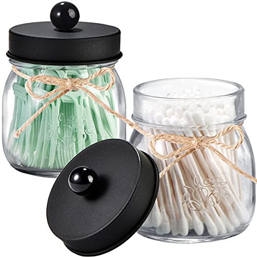 Farmhouse Rustic Decorative Mason Jars, Bathroom Vanity Storage Organizer Canisters,Cute Glass Apothecary Jars with Stainless Steel Lid for Cotton Swabs,Rounds,Balls,Floss Picks,4 Pack (Clear/Black) Farmhouse Rustic Decorative Mason Jars, Bathroom Vanity Storage Organizer Canisters,Cute Glass Apothecary Jars with Stainless Steel Lid for Cotton Swabs,Rounds,Balls,Floss Picks,4 Pack (Clear/Black)
