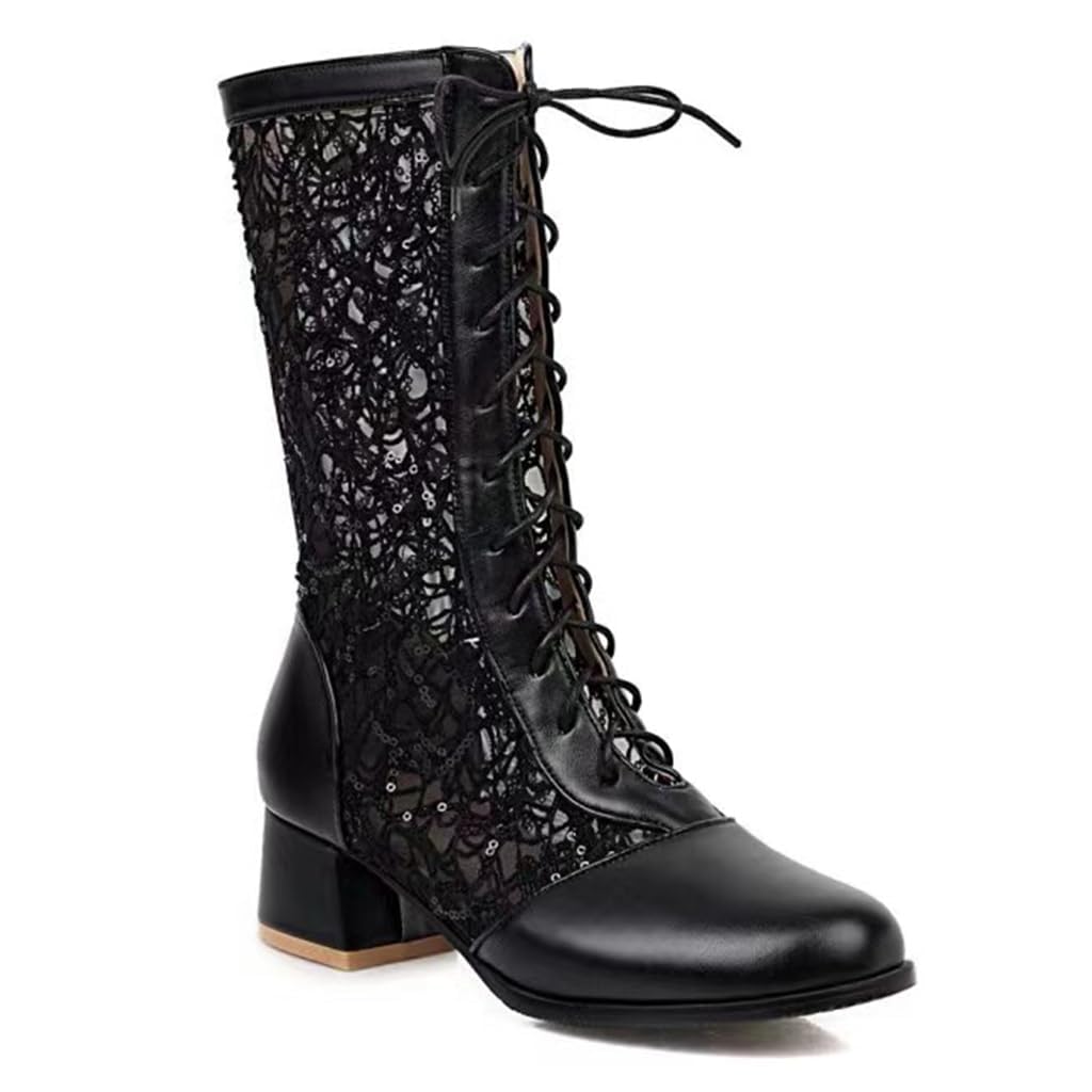 SACFOF Women Vintage Victorian Boots Lace Goth Lace Up Wedding Boots Mid Calf Costume Renaissance Mid Heel Dress Boots