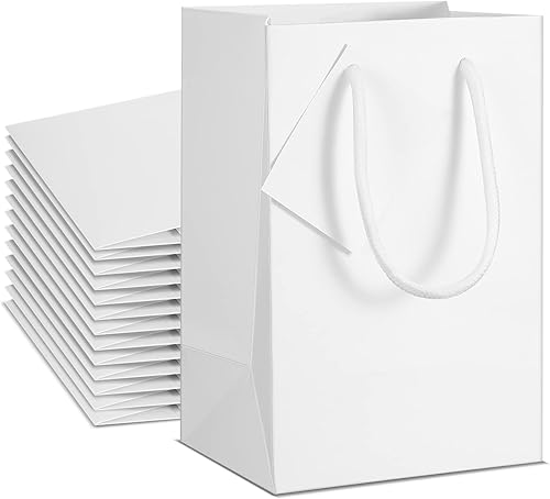 50 bolsas de regalo blancas con asas a granel de 5.3 x 3.7 x 8.1 pulgadas, mini bolsas de regalo a granel pequeñas blancas brillantes con etiquetas