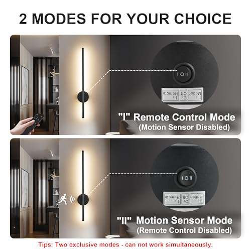 Image of KARTOOSH Black Battery Operated Wall Sconce Set of Two with Motion Sensor | Rechargeable Wireless Wall Lights with Remote Control, Dimmable, 3000K /4000K /6000K, Timer for Living Room, Hallway, 23.6 Inch