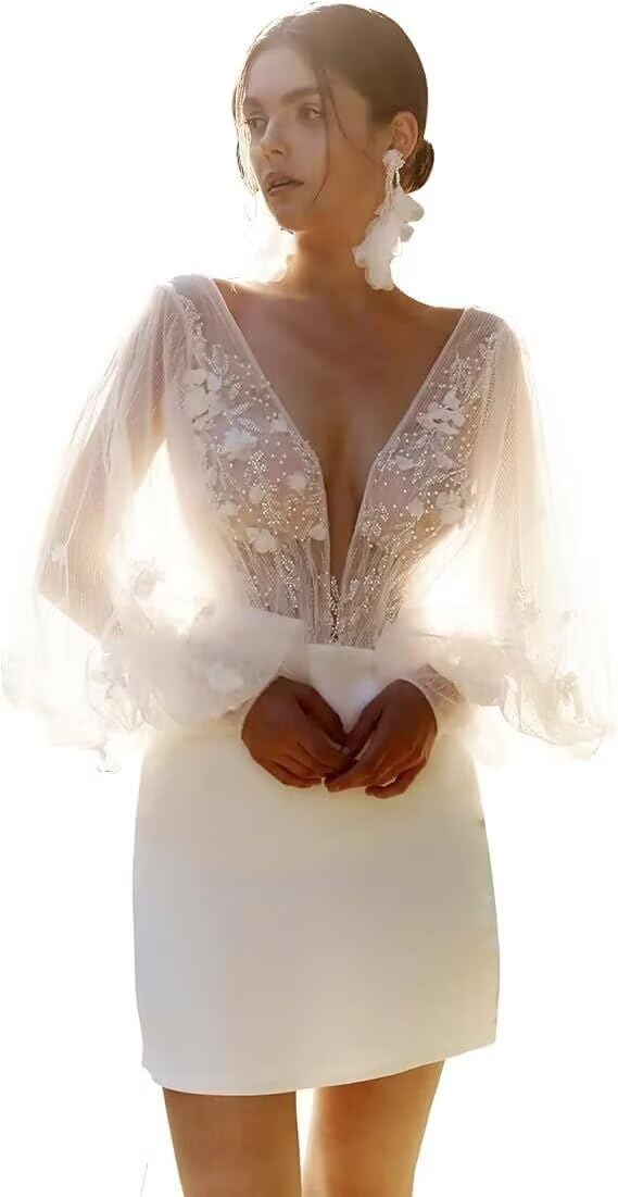 Dexinyuan Short Wedding Dress for Bride 2026 Mini-Skirt Lace Appliques Wedding Gown for Women