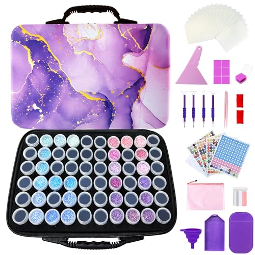Image of Muzagroo Art Diamond Painting Storage Containers Diamond Art Storage Case with Accessories and Tools Portable Shockproof 60 Slots Organizer Case for Diamond Painting Kits Standard Set (Purple)