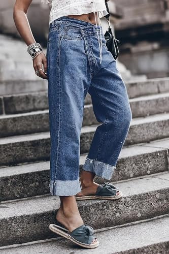 Women's Stretch Asymmetrical Fly Denim Jeans, Rolled Cuff Design, Comfortable Slim Fit Casual Pants 5