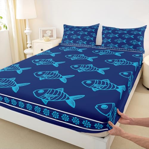 Image of jejeloiu Ocean Fish Bed Sheets Set King Size Summer Bed Set Blue Deep Pocket Fitted Sheet Sea Animal Breathable Soft Lightweight Microfiber