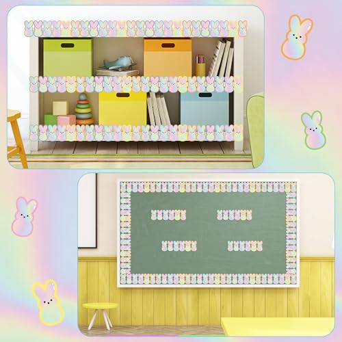 Image of BeYumi Bunny Holographic Border Trim - 65ft Back to School Bunny Straight Rolled Border Trim Iridescent Rabbit Bulletin Board Set School Classroom Office Chalkboard Door Springtime Party Decoration
