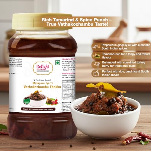 Image of Delight Foods Mylapore Iyer's Vathakuzhambu Thokku 800g Rice Mix | Authentic Tamil Nadu Special Paste | Homemade Recipe Made with Gingelly / Sesame Oil | Tamarind | Ready to Eat | No Preservatives | South Indian Meal