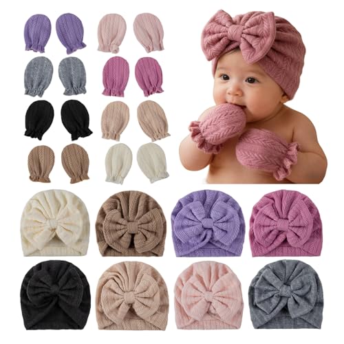 Image of 8 Sets Newborn Baby Hats & Mittens Cotton Preemie Infant Bow Beanies Caps Gloves Hospital New Born Boy Girl 0-3 Month