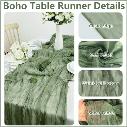 Cekene Cheesecloth Table Runner Sage Green 90x400cm Rustic Gauze Fabric Tablecloth Sheer Boho Wedding Table Cover Cheese Cloth Table Decoration for Holiday Party Baby Bridal Shower Birthday Arch - Image 2