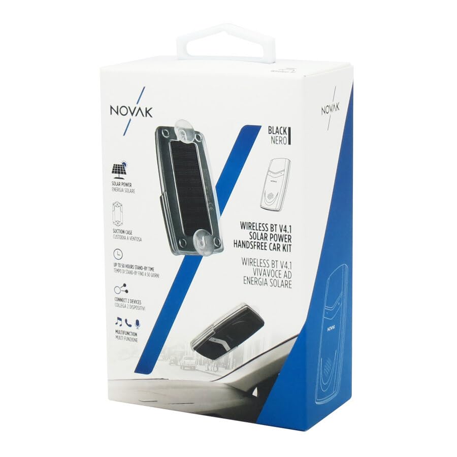 NOVAK Kit Vivavoce per Auto Bluetooth 4.1, ideale per Chiamate Viva Voce, GPS e Musica. Ricarica ad Energia Solare. Stand-by 50 Giorni autonomia 13 ore continue.