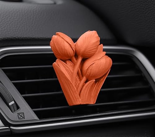 ミニカーエアベントクリップ、アロマストーンディフューザー、エアコン装飾クリップ、車用芳香剤、フレグランスディフューザーエアアウトレットクリップ、芳香器車内美的アクセサリー【精油5ml】ピンクオレンジレトロなオレンジ色のチューリップ