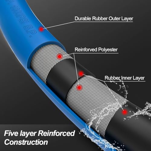 Image of Guitrees 2026 Upgraded Garden Hose 25FT x 5 /8 inch, Heavy Duty Rubber Water Hose with Five Layered Braiding, Swivel male and female Nickel-plated Brass Fittings, 1000PSI Burst, 300PSI Working (Blue)