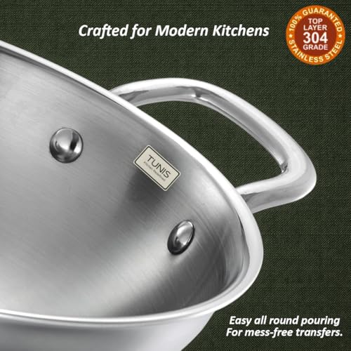 Image of TUNIS 24 Cm (2.4L) Triply Stainless Steel Triply Kadai with Dual Handles | Heavy Gauge Induction & Gas Compatible | Bottom Deep Cooking Woks Kadhai for Frying, Sauteing & Curries | Silver
