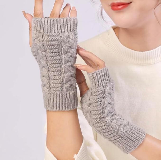 Street27® Arm Warmers Cute Knitted Fingerless Gloves for Women Winter Thumbhole Wrist Warmer Men Crochet Arm Warmers Hand Mittens Fancy Gloves and Skin Friendly For Unisex (Light Grey) 1