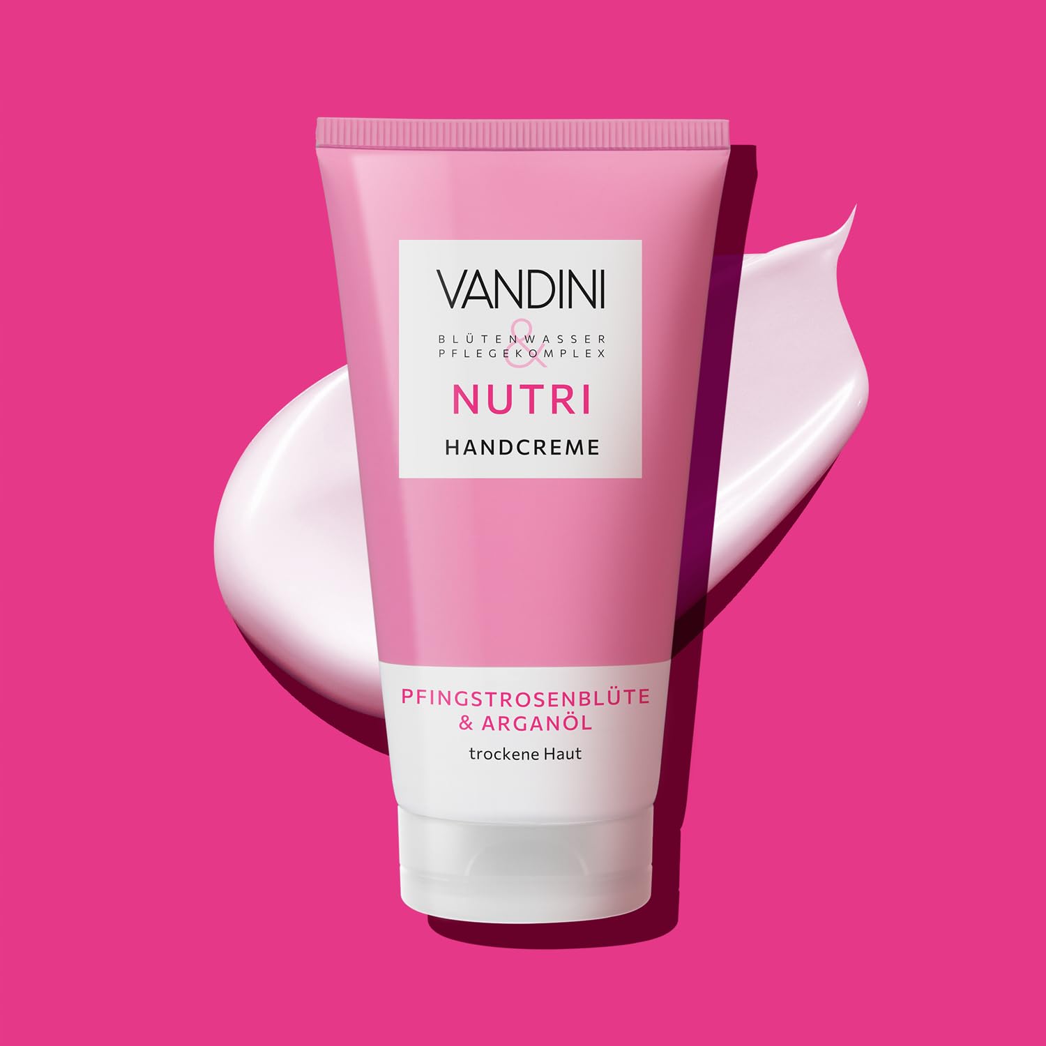 VANDINI NUTRI Crema de manos para mujer, 6 unidades, 75 ml, con flor de peonía y aceite de argán, crema de manos para piel seca, vegana, sin parabenos ni siliconas, dermatológicamente probada