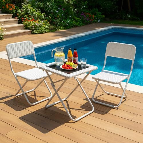 Image of DEVOKO Foldable 3-Piece Outdoor Patio Wicker Furniture Set with Glass Top Table, All-Weather HDPE Rattan, Rustproof Metal Frame for Garden, Balcony & Lawn (White)