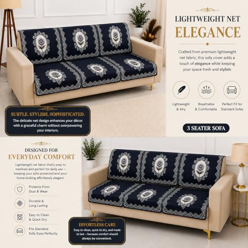 Image of Homerz Premium 'Maharaja Paradise Series' Sofa Cover | Net Fabric Sofa Cover | Washable, Anti-Dust Backed & Wrinkle Resistant Cover (Regal Flower, 5 (3+2) Seater, Seat Cover with Backrest)