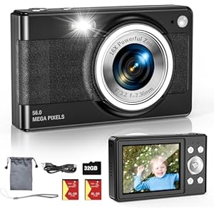 Upgrade Digital Camera, 56MP FHD 1080P 16X Kids Digital Zoom Camera, 32GB TF Card, Portable Mini Camera with 2 Batteries, Lanyard, Compact Small Camera for Kids Boys Girls（Black）