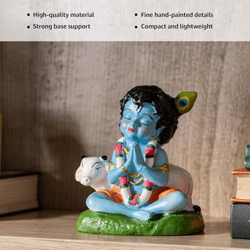 Image of Premium Bal Krishna Resin Idol for Car Dashboard, Home Temple & Office (7 x 6.5 x 4.5 cm) | Handcrafted Laddu Gopal Murti Showpiece for Vastu, Peace & Protection (Color: Blue)