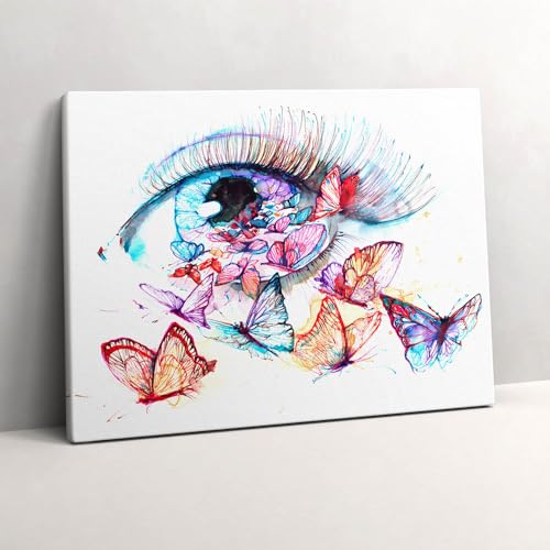 Tableaux 80x60cm Oeil et papillons peints colorés pour décoration murale grand format