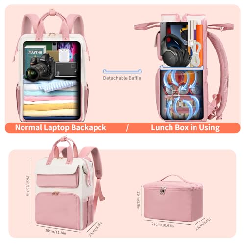 Image of BERTASCHE Lunch Backpack for Women, 15.6 Inch Laptop Backpack with Insulated Cooler Lunch box, Nurse Backpack for Teacher Work Travel College Picnic,Pink-Beige