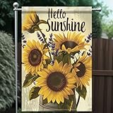 Tomhong Hello Sunshine Sunflower Garden Flag 12x18 Inch Double Sided OutdoorYard Banner with Bright Yellow Sunflowers and Lavender Flowers for Spring Summer Garden PatioLawn Decor