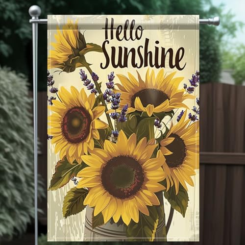 Tomhong Hello Sunshine Sunflower Garden Flag 12x18 Inch Double Sided OutdoorYard Banner with Bright Yellow Sunflowers and Lavender Flowers for Spring Summer Garden PatioLawn Decor