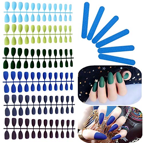168pc Matte Pure Color Stiletto False Nails Artificial Fake nails Full Cover Fingernails 7 Colors Nail Tips Kit with 6 Mini Nail File for Nail Art Salon DIY Decoration (Stiletto-Blue green color)