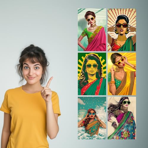 Image of SiddArtify Modern Pop Art Women in Sarees Print Set - Sticker - 8x12 Inch - Pack of 6 Wall Room Decoration art Poster Prints