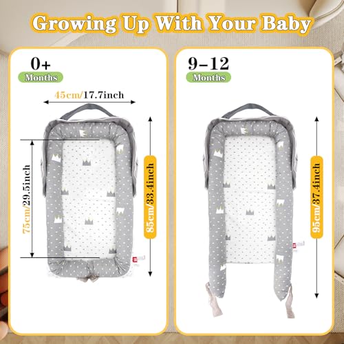Image of Baby Lounger for Newborn-Portable Baby Lounger 0-24 Months for Home and Travel,Newborn Loungers with Strap, Baby Nest Lounger Adjustable Size,Crown Grey