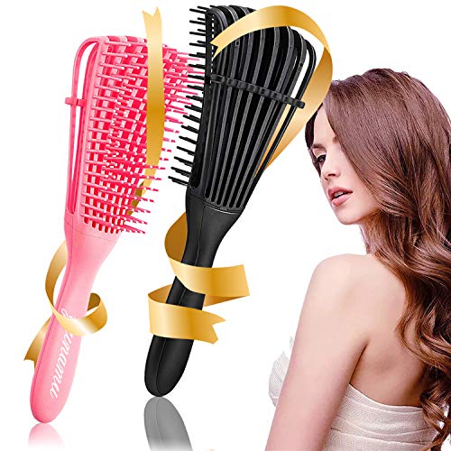 2 Pieces Detangling Brush, Detangler Brush for Hair Textured 3a to 4c Kinky Wavy/Curly/Coily/Wet/Dry/Oil/Thick/Long Hair, No Pull or Pain, Quicky Define Shiny Curls (Black, Pink)