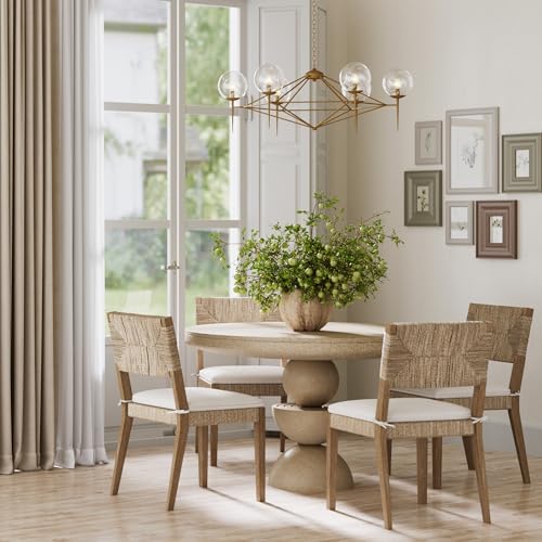 Image of Beacon Boho Dining Chair Set of 4, Boucle Dining Chair with Seagrass Accent and Solid Wood Legs, Cream Boucle /Light Brown
