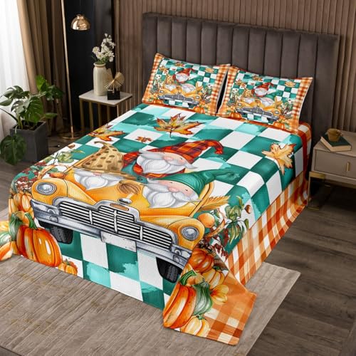 Fall Gnome Quilted Fall Leaves Coverlet Set for Women Girls,Christmas Santa Dwarf Bedspread Autumn Harvest Decor Quilt Set Twin,White Orange Buffalo Checked Fall Decorations for Home