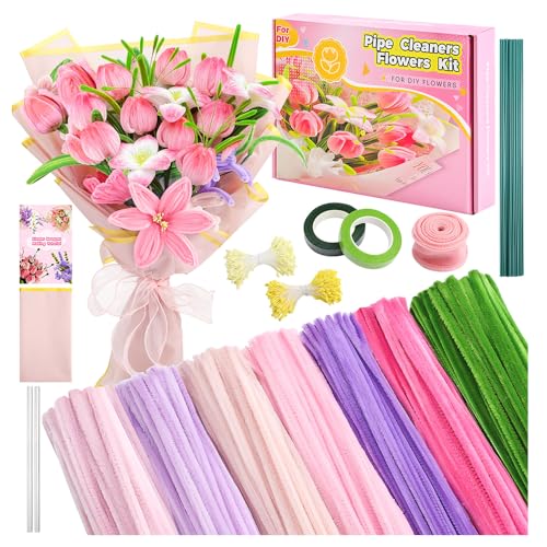 Pfeifenreiniger Blumen Set 791 Stücke, 400 Stück 7 Farben 8 mm Pfeifenputzer zum Basteln(Tulpen/Lilien) Pfeifenreiniger zum Basteln,Blumendraht, Schleifenband, 360 Stück Blumen Staubblatt für DIY