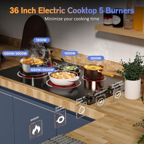 Image of Electric Cooktop 34.25 Inch - Built-in(34.25 inchx19.3 inch) 5 Burner Electric Stove Top 8400W High Power, 36 inch Ceramic Cooktop with Knob Touch, Dual Ring, Overheat Protection, 220-240V Hard Wired