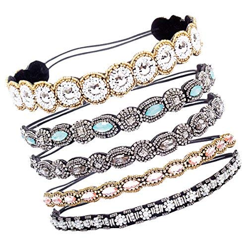 Amariver 5 Pieces Rhinestone Beaded Elastic Headband，Fashion Headbands Handmade Hair Bands Hair Accessories for Lady Woman 20-25" Fits for Most