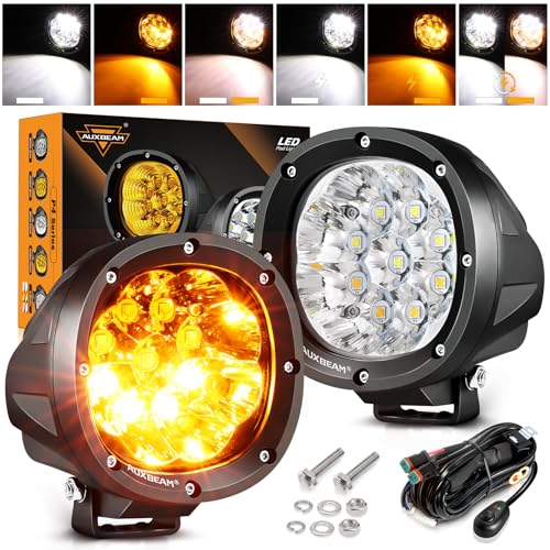 Auxbeam 4 Inch Round Offroad Light, 90W LED Amber White Spot Strobe Light Pods with 6 Modes, Dual Color Flashing Driving Fog Lights Bar Plug & Play for Truck, Pickup, SUV, ATV, UTV, 4x4, Jee