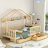 Cama infantil con cajones de madera maciza con listones de madera de pino, color madera