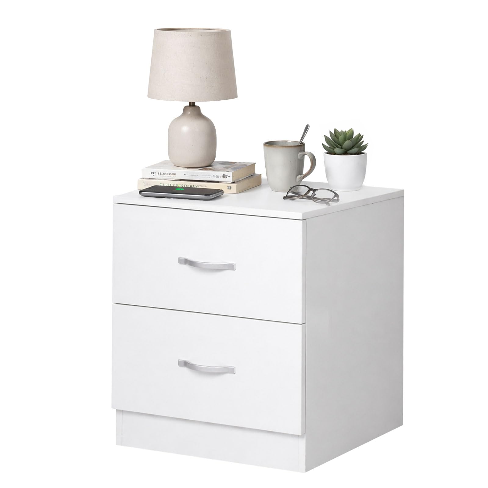 Levede 2 Drawer Bedside Chest, White Bedside Cabinet with Metal Handles, Wooden Bedside Tables with Storage Drawers for Living Room, Bedroom, 40 x 36 x 47 cm, White