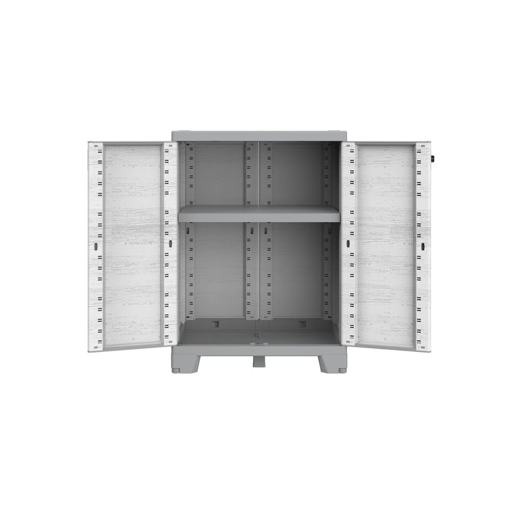 Kreher Kunststoffschrank Holzoptik (Beistellschrank mit 1 Boden) | Wetterfester, abschließbarer Mehrzweckschrank, Spindschrank und , für Keller, Garage und Balkon