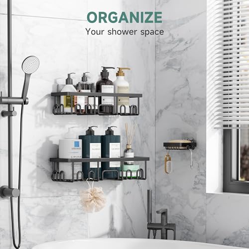 Image of Veken Shower Caddy 3-Pack, Advanced Rustproof Design, No Drilling Adhesive Shelves, Rack with Soap Holder, Large Capacity Bathroom Organizers and Storage, Wall-Mounted Kitchen & Home Decor, Black