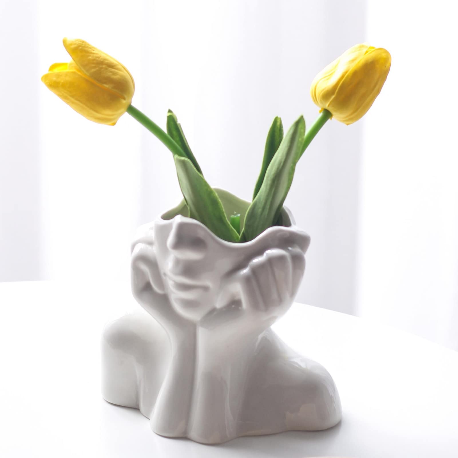 Ceramic Face Vase - Cute Half-Body Female Head Planter for Flowers, Modern Farmhouse Decor - Perfect for Desk, Table & Bookshelf, Home Accent (Small)