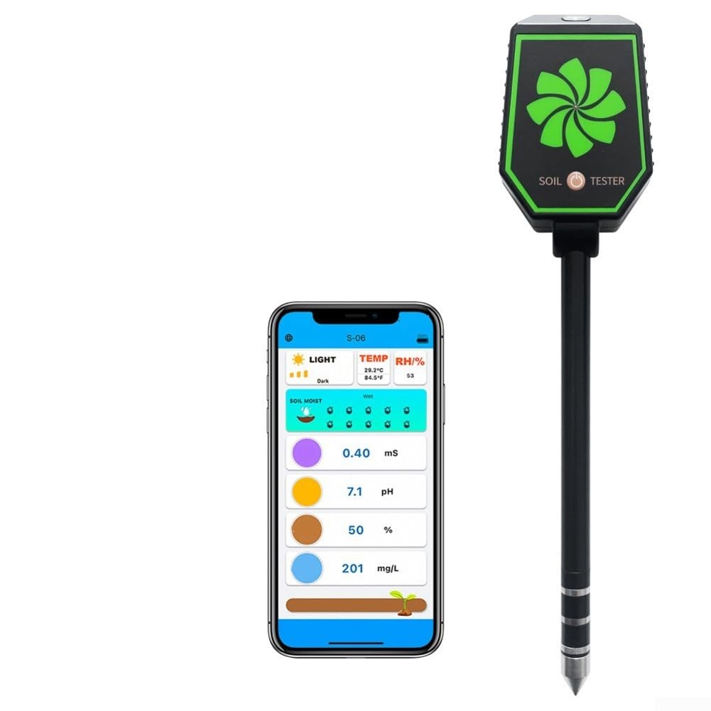 Tester digitale del suolo per telefono cellulare valore pH temperatura | Collegamento tramite app, dati in tempo reale, valore del pH, umidità, temperatura, alloggiamento in ABS nero