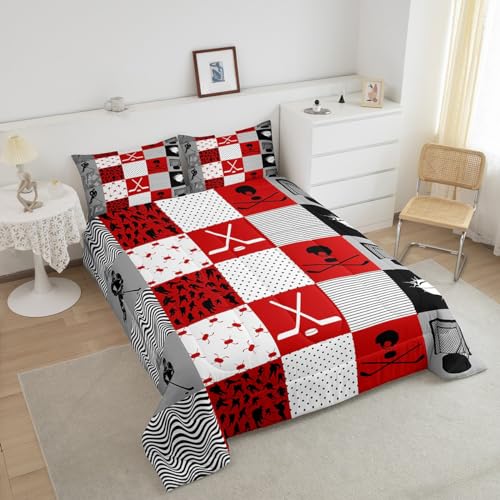 Feelyou Ice Hockey Bedding Set for Kids Boys Girls Puck Hockey Comforter Full Size Red Comforter Set Bedroom Decor Sports Games Quilt Set Bedding Collection 3Pcs - Thumbnail 3
