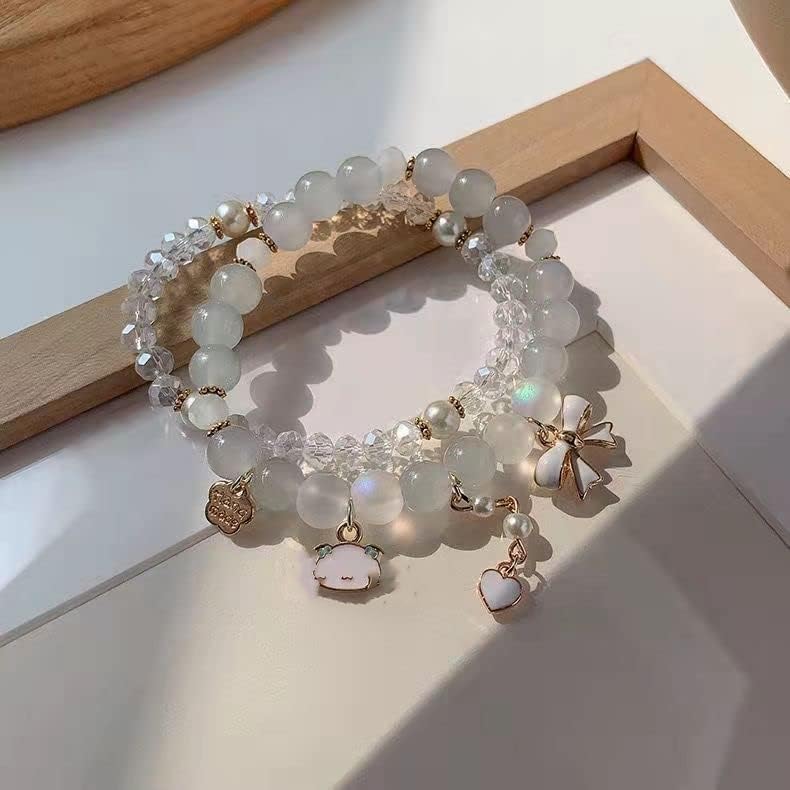 Image of Pingyongchang Elastic Cartoon Bracelets Crystal Beads Pearl Bracelets Cute Kawaii Adjustable Beaded Strand Bracelets for Women Girls Graduation Charm Bracelets Gift for Kids