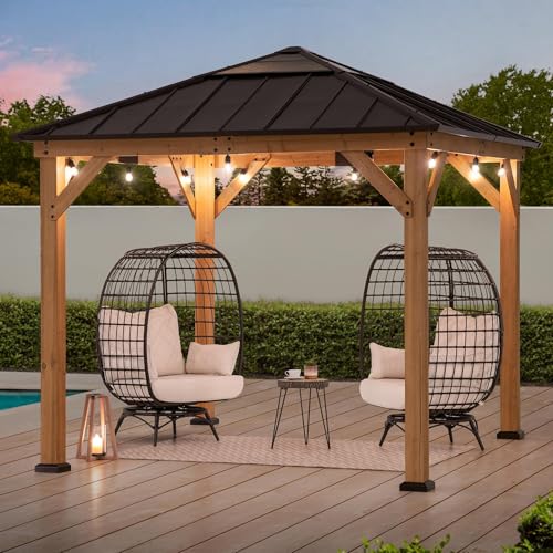 Sunjoy Hardtop Gazebo 9 x 9 ft. Cedar Framed Wood Gazebo with Brown Steel & Polycarbonate Pyramid Hip Roof and Ceiling Hook for Garden, Backyard Shade, Brown Roof + Natural Wood Frame