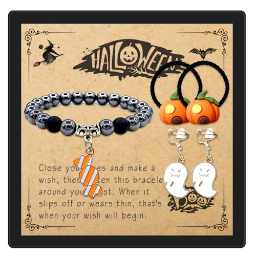 Image of Halloween Bracelet Set with Pumpkin Hair Rope, Ghost Ear Clip - Perfect for Girls' Halloween Party Favor or Trick or Treat Present