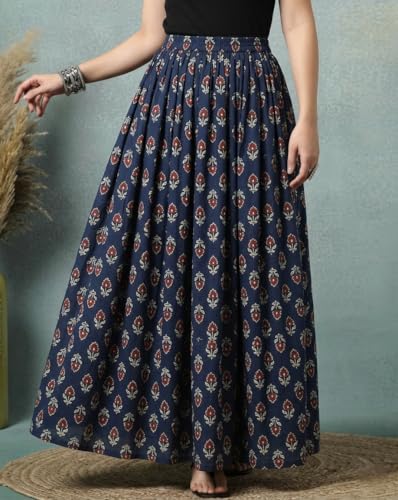 Image of Women's Floral Print Maxi Skirt, Maroon Red, 100% Pure Cotton, Elastic Waist, Full Length, Breathable Fabric