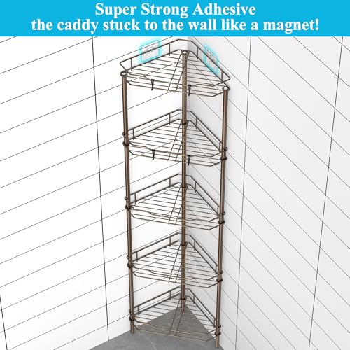 Image of HuggieGems 5 Tier Floor Standing Corner Shower Caddy Organizer Shelf with Hooks, Bathroom Shelves Stand Rack, Bronze