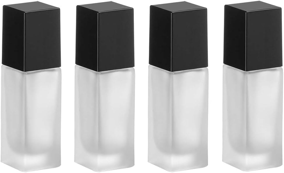 4 Pack,1 oz/30ml Matte Glass Essence Lotion Pump Bottle,Empty Square Cosmetic Container Travel Liquid Foundation Base Dispenser Vials with Pressure Pump Head and Lid