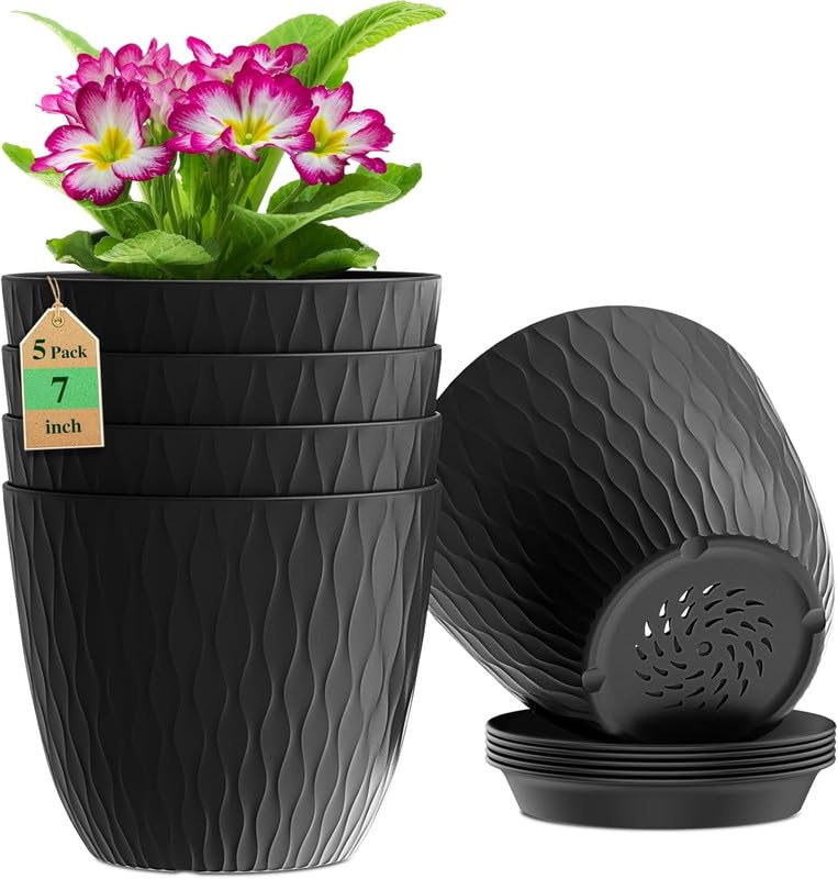 Image of StyleX Store Plastic Round Flower Pots with Drainage Hole Saucers | Durable Outdoor Indoor Wave Pattern Planters with Tray | Plant Containers for Garden, Office, Balcony and Home (Set of 5, Black)